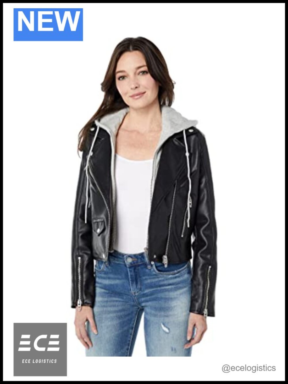 Faux Leather Moto Jacket Removable Hood Semi-Fit